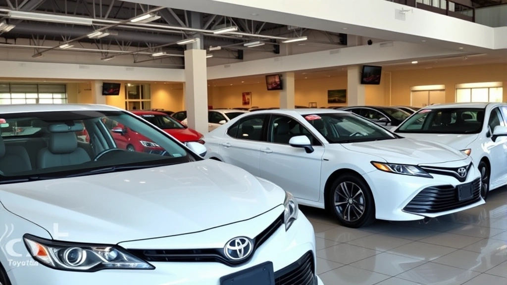 Professional automotive dealer showroom with multiple used Toyota Camry vehicles displayed indoors, well-lit modern dealership interior with clean cars arranged in rows, no signage or text visible, business environment