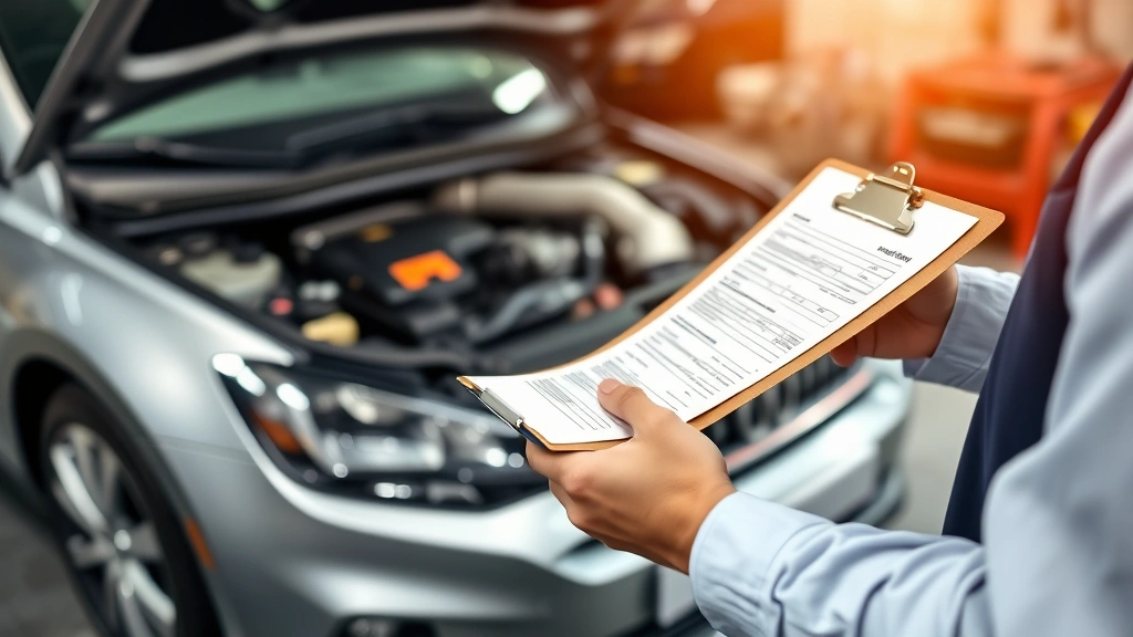 Close-up of hands holding vehicle inspection clipboard and checking car maintenance records, mechanic reviewing documentation beside open hood of silver sedan, professional automotive assessment, no visible text on documents