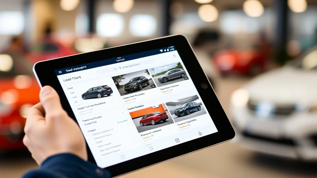 Used car marketplace app interface displayed on tablet screen showing vehicle listings, digital commerce platform, buyer research and comparison tools, blurred background, business commerce environment