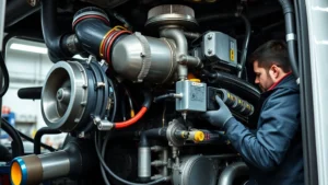 Professional diesel truck engine bay with turbocharger and injection system visible, mechanic performing maintenance inspection with diagnostic tools, clean industrial workshop lighting, close-up detail photography of diesel engine components and fuel injectors