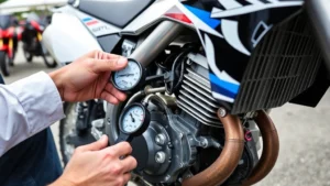 Close-up of experienced buyer inspecting used dirt bike engine compartment with compression gauge and diagnostic tools, outdoor dealership setting with multiple motorcycles visible in background, professional hands examining mechanical components