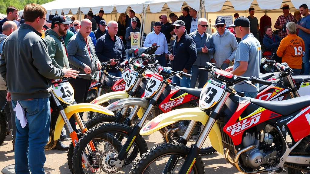 Diverse group of buyers and sellers negotiating at outdoor powersports marketplace with multiple used dirt bikes displayed, price tags visible on machines, natural daylight highlighting detailed inspection of suspension and frame components