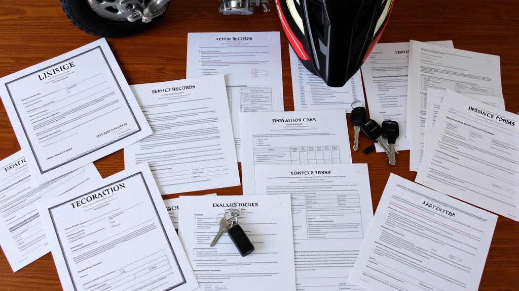 Organized documentation spread including motorcycle title, bill of sale, service records, insurance forms, and registration paperwork arranged on wooden desk with dirt bike helmet and keys, representing legal purchase requirements and proper ownership transfer
