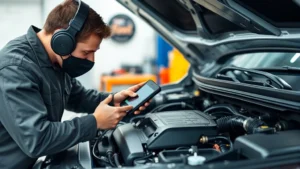 Professional mechanic inspecting SUV engine bay with diagnostic tools, detailed close-up of engine components and connections, automotive workshop setting
