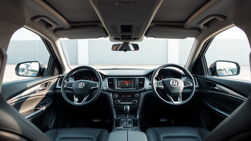 Interior shot of modern SUV dashboard showing infotainment system, climate controls, and steering wheel, clean well-maintained cabin with leather seats