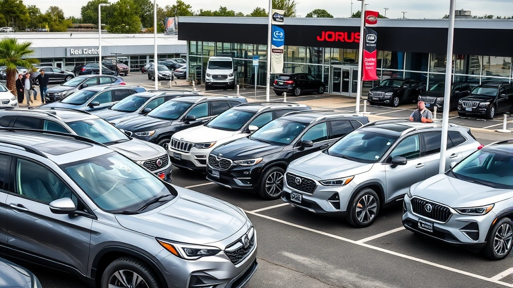 Dealership lot displaying multiple SUVs for sale during daytime, organized inventory with clear signage, professional automotive sales environment with customers in background