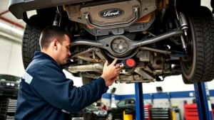 Professional mechanic performing detailed undercarriage inspection on lifted Ford Bronco in well-lit service garage, examining suspension and frame components with diagnostic tools