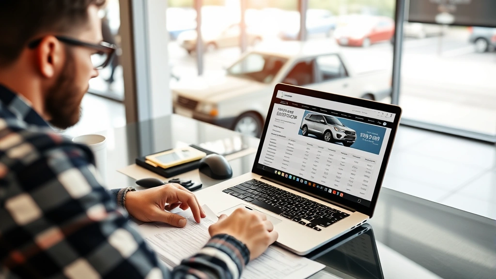 Customer reviewing vehicle documentation and title paperwork for used Ford Bronco purchase at dealership desk with laptop showing vehicle history report and pricing comparison