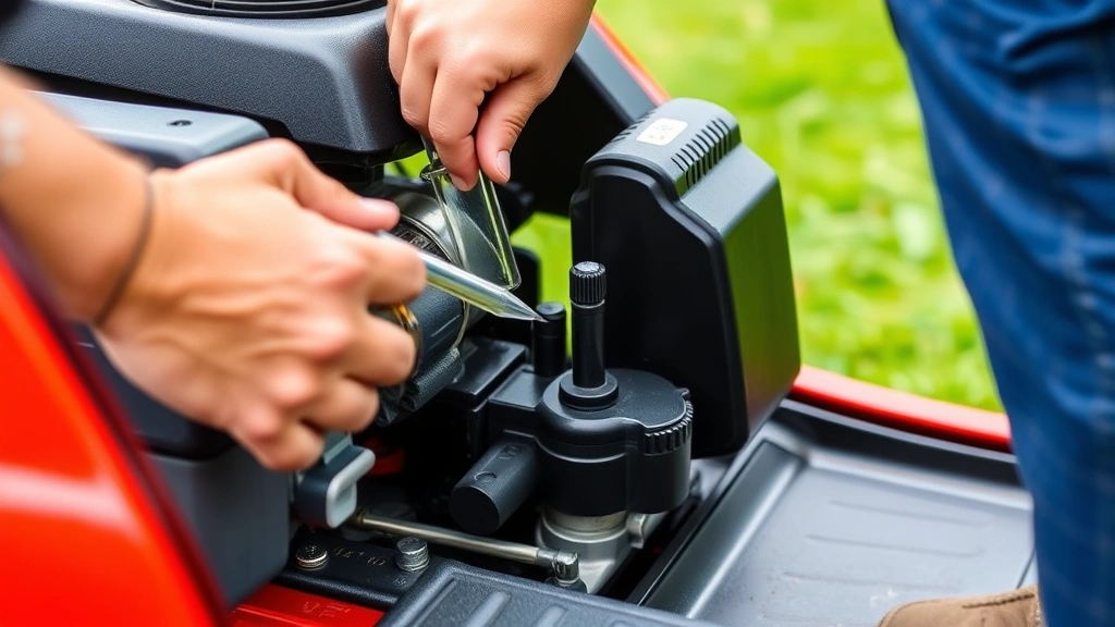 Close-up of someone inspecting a used riding lawn mower engine, checking oil level with dipstick, professional outdoor setting with green grass background