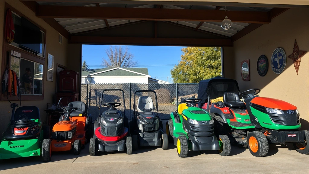 Wide shot of a residential garage with multiple lawn mowers lined up for sale, showing different types including push mowers and riding mowers, sunny day with clear visibility