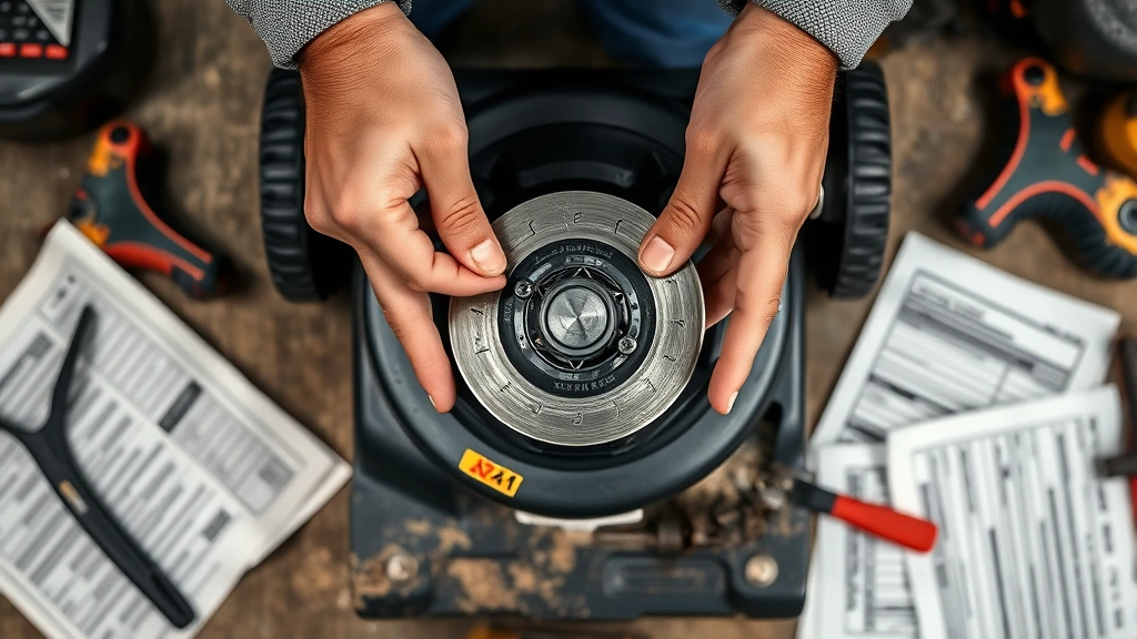 Overhead view of a person's hands examining lawn mower blade sharpness and condition, with maintenance tools and documentation papers visible on a workbench