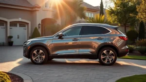 Luxury crossover SUV parked in upscale suburban driveway, morning sunlight reflecting off polished exterior, showing vehicle profile and premium design details, professional automotive photography style