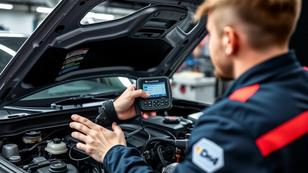 Mechanic using diagnostic scanner on vehicle engine in modern service bay, hands holding equipment near engine components, professional inspection environment with proper lighting and tools