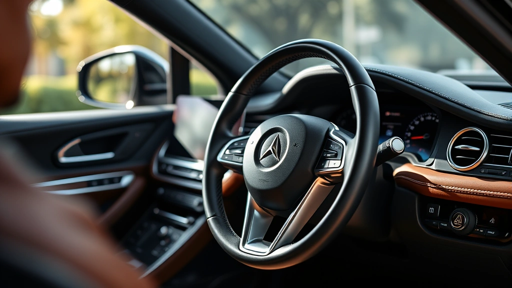 Detailed close-up of vehicle dashboard and steering wheel interior, showing luxury leather trim, infotainment screen, and premium cabin materials, soft natural lighting highlighting quality finishes