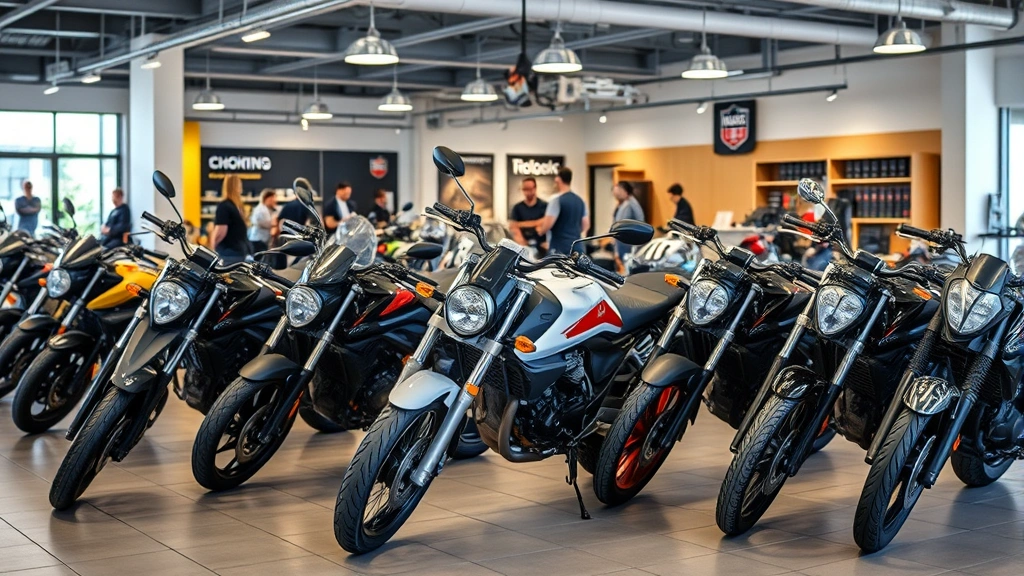 Professional motorcycle dealership showroom displaying various used bikes lined up indoors with professional lighting, sales staff in background, clean organized retail environment