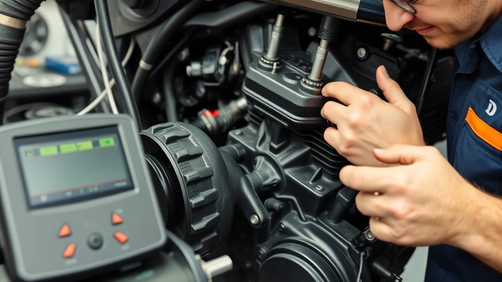 Close-up of mechanic performing detailed inspection on used motorcycle engine, diagnostic equipment visible, professional workshop setting with tools and safety equipment