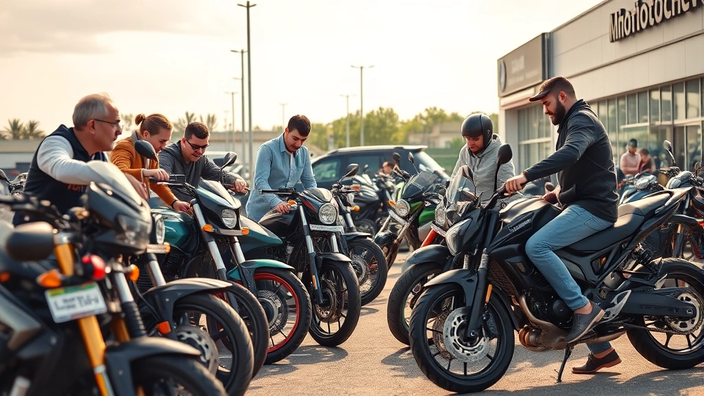 Diverse group of motorcycle buyers examining used bikes on outdoor dealership lot during daytime, examining tires and sitting on seats, realistic commercial motorcycle sales environment