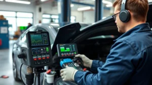 Professional mechanic performing battery diagnostic testing on a plug-in hybrid vehicle in a modern automotive service center, using specialized diagnostic equipment and digital displays showing battery health metrics