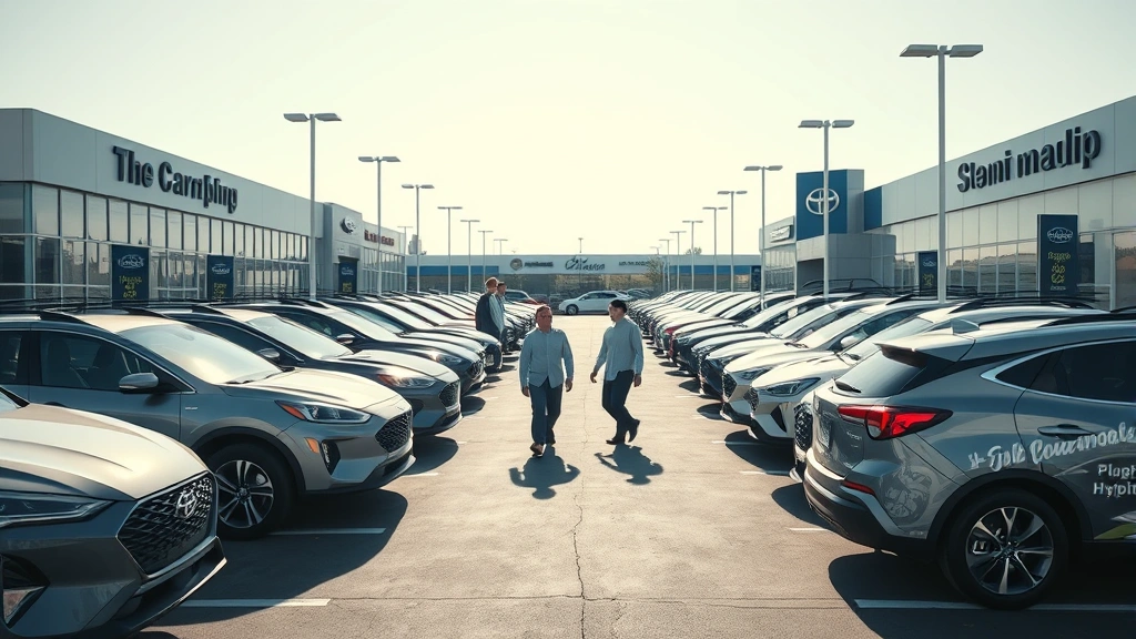 Wide shot of a used car dealership lot displaying multiple plug-in hybrid vehicles from different manufacturers with clear pricing signage, customers walking between vehicles under bright daylight