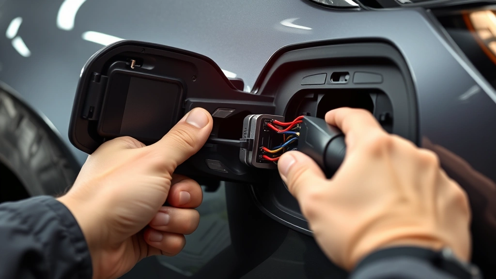 Close-up of a vehicle's charging port and electrical connector system being inspected by a technician's hands, showing detailed wiring and connection points in professional garage lighting