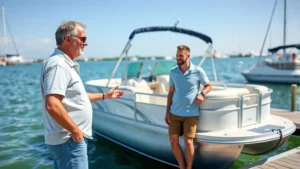 Professional male boat dealer in polo shirt showing young couple around pristine used pontoon boat on sunny marina dock, bright water and blue sky background, natural daylight, confident smiling expressions, examining boat features together