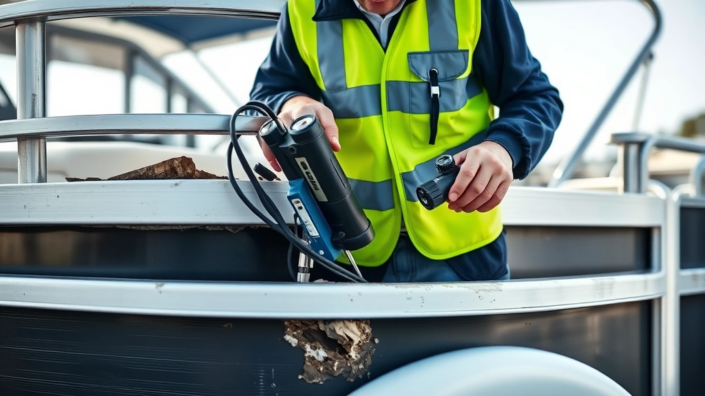 Close-up of experienced marine surveyor in safety vest using inspection tools on pontoon boat hull, checking for damage and condition, natural outdoor lighting, professional equipment visible, detailed examination of boat structure