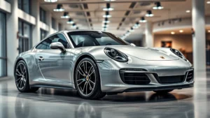 Luxury silver Porsche 911 parked in modern showroom with professional lighting, emphasizing sleek design and premium detailing, no visible text or signage