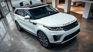 Overhead view of luxury white Range Rover parked in modern dealership showroom with polished concrete floors and contemporary lighting, professional automotive photography style