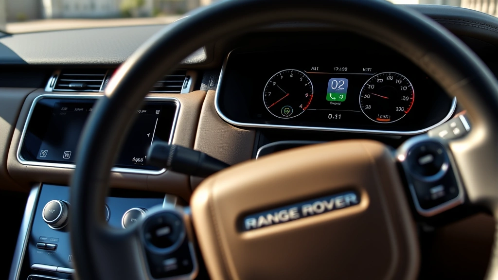 Close-up detail shot of Range Rover's premium leather interior dashboard with modern infotainment system display, steering wheel visible, natural daylight illumination