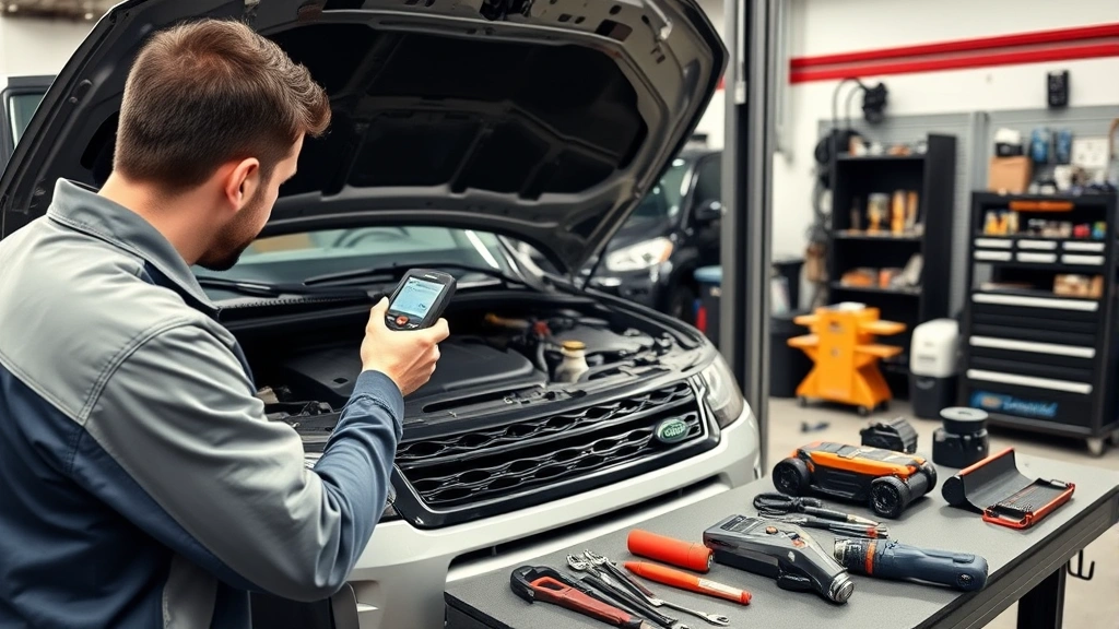 Professional automotive inspection scene showing mechanic using diagnostic scanner on Range Rover engine bay, tools and equipment organized on workbench, dealership workshop setting