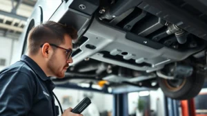 Professional automotive inspector examining undercarriage of silver Toyota RAV4 in service bay with diagnostic equipment, focused concentration, natural lighting, close-up detail