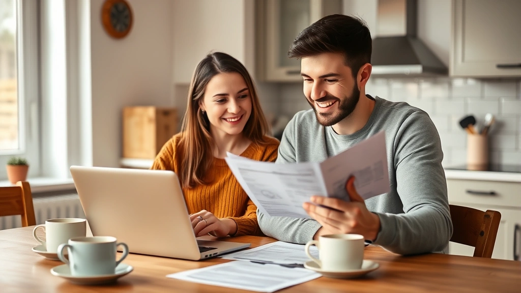 Young couple reviewing documents and vehicle history report at kitchen table with laptop, smiling, reviewing paperwork with coffee cups, natural home lighting, warm atmosphere