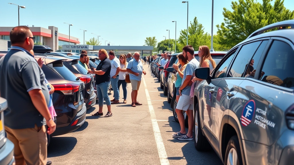 Diverse group of people browsing used vehicles in outdoor parking lot on sunny day, examining RAV4 exterior, checking tires and doors, casual inspection, bright daylight