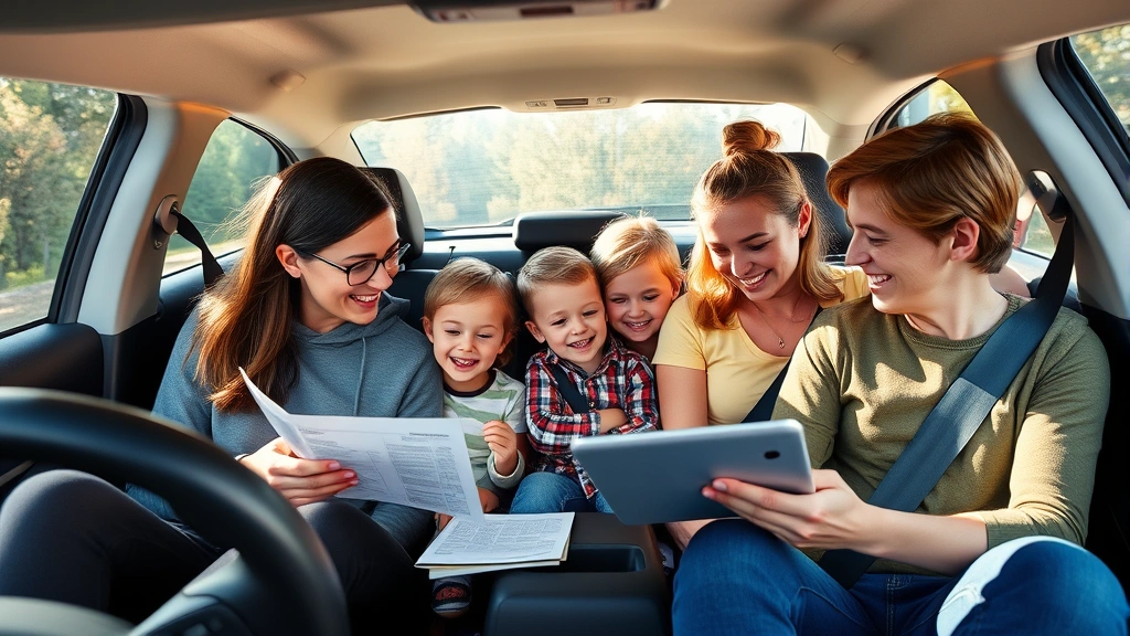 Family of four sitting in used Honda CR-V interior examining features, parents in front seats, children in back, natural sunlight through windows, reviewing vehicle documentation on lap, happy expressions
