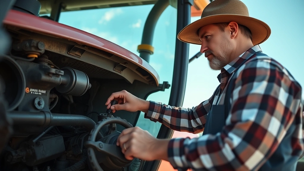 Professional farmer inspecting used tractor engine compartment during equipment evaluation, checking maintenance condition and mechanical components in daylight, realistic agricultural setting