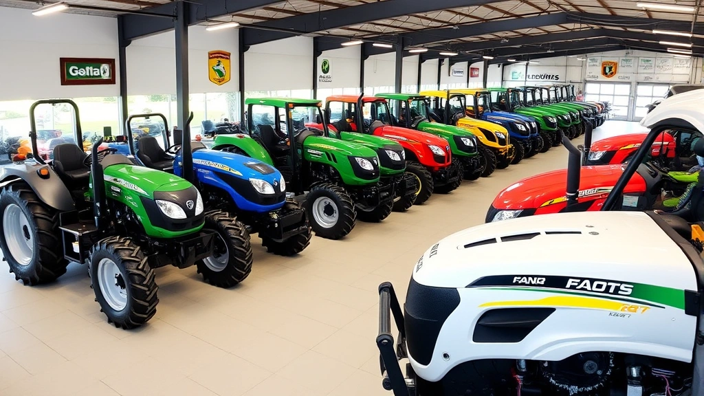 Modern farm equipment dealership showroom displaying multiple used tractors lined up for sale, organized display with clear visibility of different tractor models and sizes