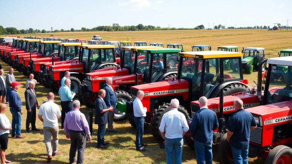 Active agricultural auction event with buyers examining used tractors on display field, professional auction setup with numbered equipment and bidders evaluating machinery