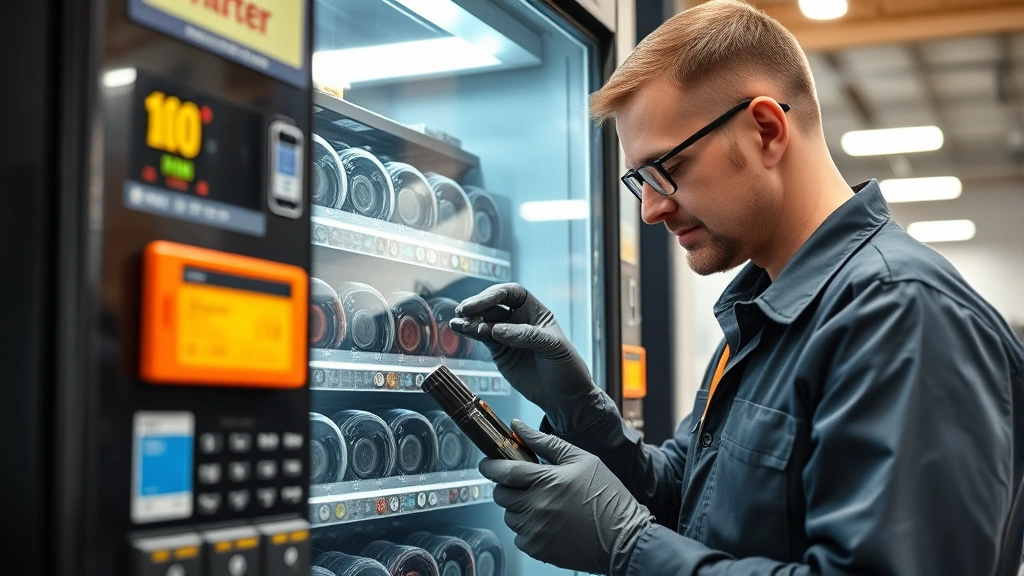 Professional vending machine technician inspecting coin mechanism and internal components with diagnostic tools, bright indoor facility lighting, detailed mechanical examination