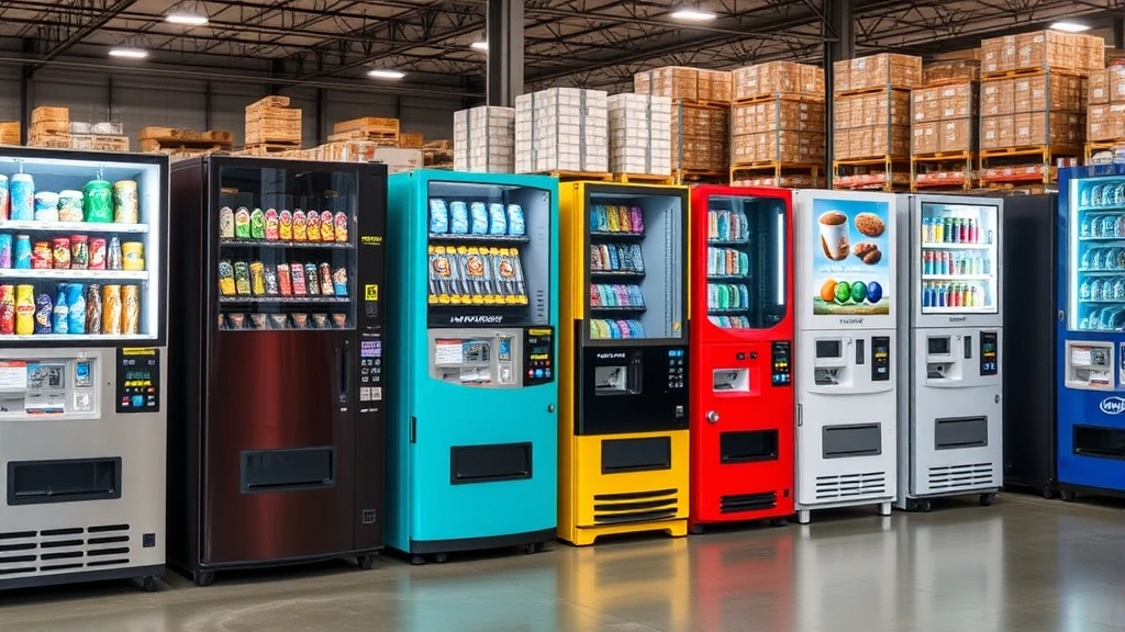 Diverse selection of commercial vending machines lined up in warehouse showroom, various colors and styles, organized inventory display with proper spacing and lighting