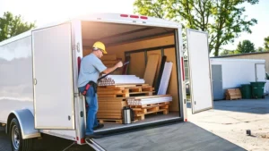 Professional contractor loading construction materials onto an open utility trailer in bright daylight, showing proper loading technique and equipment organization