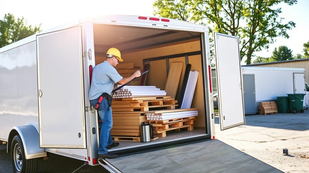Professional contractor loading construction materials onto an open utility trailer in bright daylight, showing proper loading technique and equipment organization