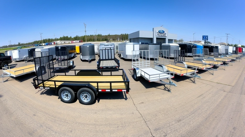 Wide angle view of diverse utility trailer models lined up at a dealership lot, showing different sizes and configurations available for purchase