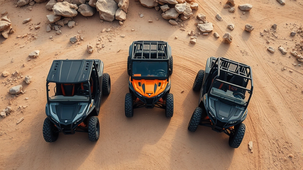 Overhead view of three modern UTVs parked side-by-side in a desert landscape with rocky terrain, showing distinct size differences and color variations, professional photography lighting