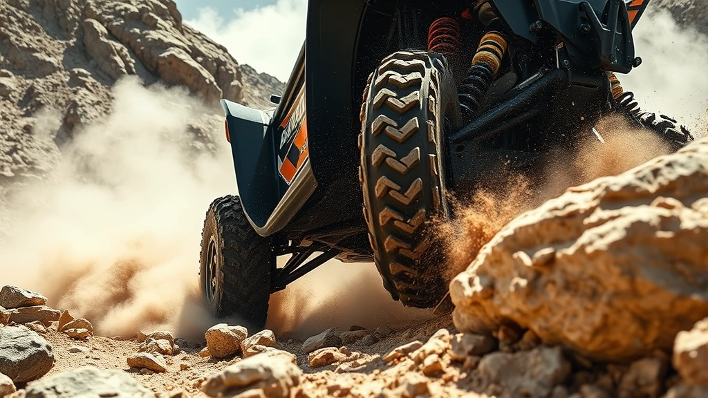Close-up action shot of a UTV navigating rocky mountain terrain with dust clouds, showcasing suspension articulation and ground clearance, dynamic composition