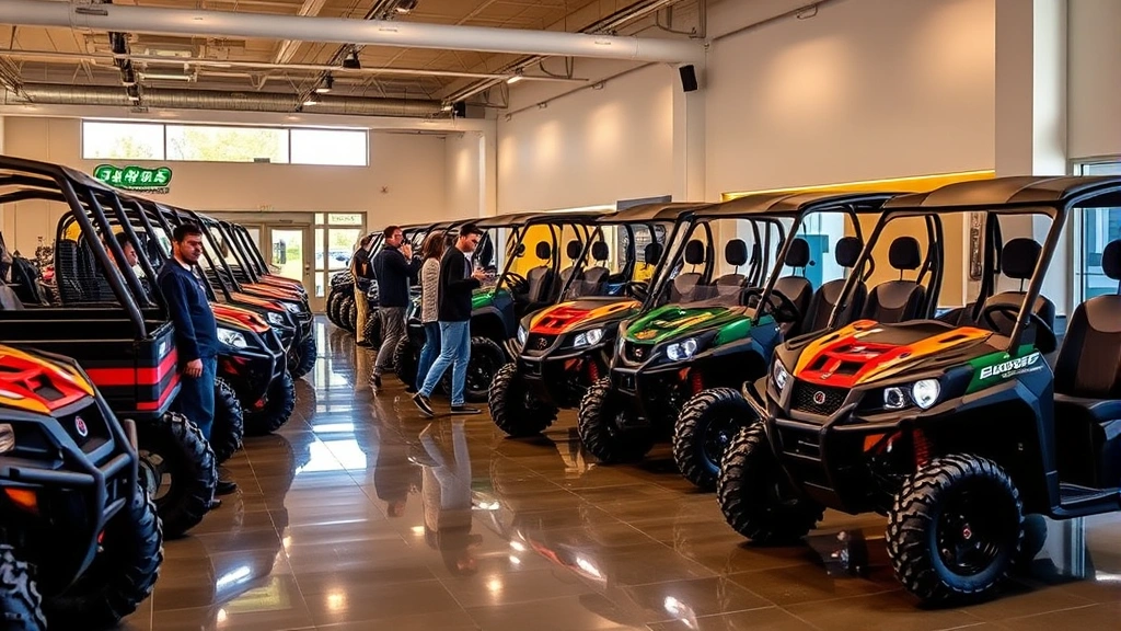 Showroom scene with multiple UTVs displayed on polished floor with professional lighting, salespeople consulting with customers examining specifications, warm ambient lighting
