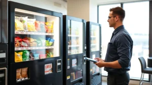 Professional vending machine operator restocking colorful snack and beverage dispensers in modern corporate office break room, wearing uniform, checking inventory levels, natural daylight through windows