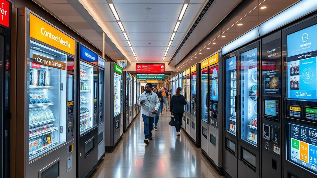 Diverse array of modern vending machines displaying digital touchscreens and contactless payment interfaces in busy commercial corridor, sleek metallic finishes, LED lighting, people walking past