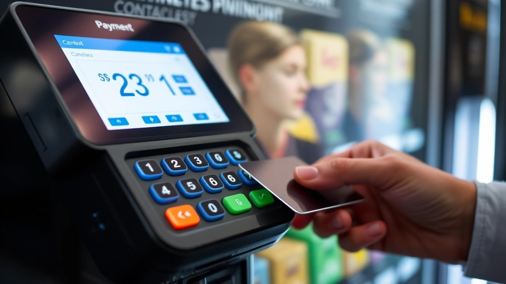 Close-up of vending machine payment terminal accepting mobile wallet and contactless card payments, illuminated display showing transaction processing, modern technology interface