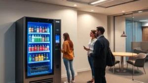 Modern digital vending machine with touchscreen interface and sleek design in professional office break room, customers selecting beverages and snacks, bright LED lighting, contemporary minimalist aesthetics