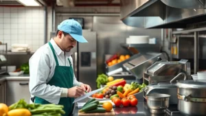 Professional food safety inspector examining produce and vegetables in commercial kitchen facility with quality control documentation and testing equipment on stainless steel countertops